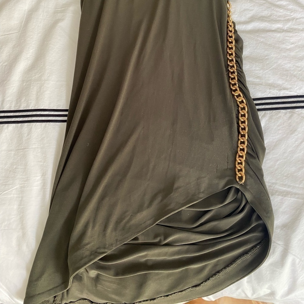 Retrofete- Olive Green “Chessie” Mini Bodycon Dress with Gold Chain Detail - Picture 13 of 14